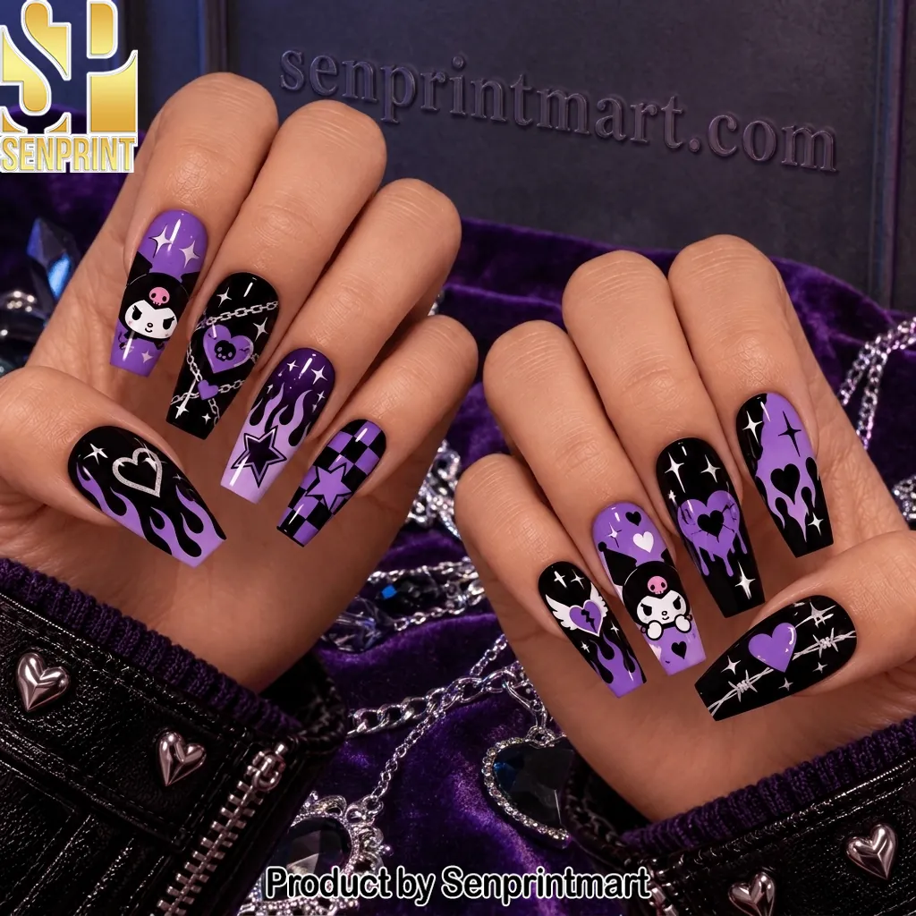 Kuromi Aesthetic Purple and Black Gothic Press On Nails