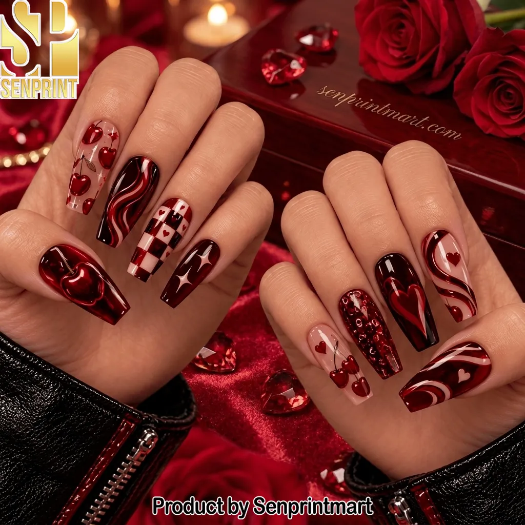 Luxury Red Cherry and Heart Design Coffin Press On Nails
