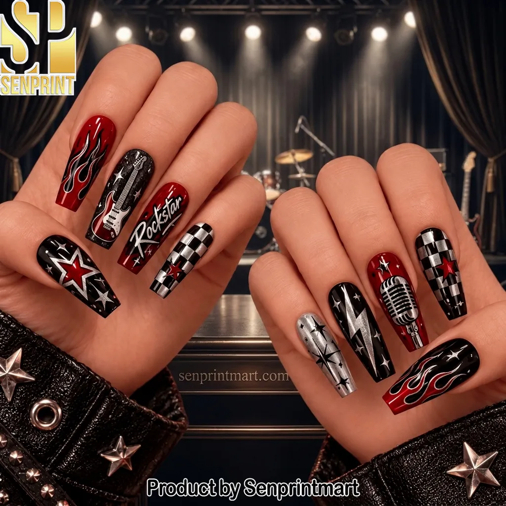 Rockstar Theme Red and Black Flame Design Press On Nails