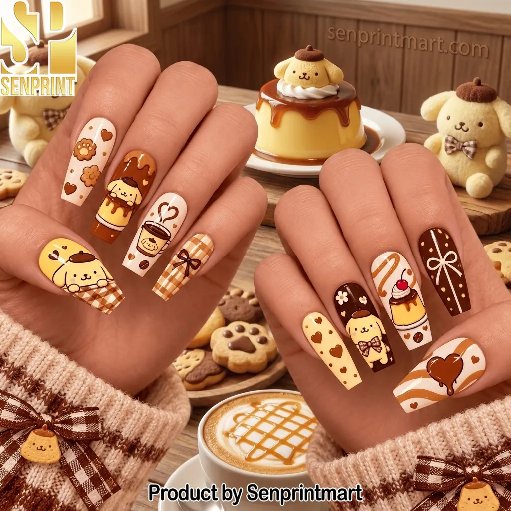 Pompompurin Aesthetic Brown Cafe Theme Press On Nails