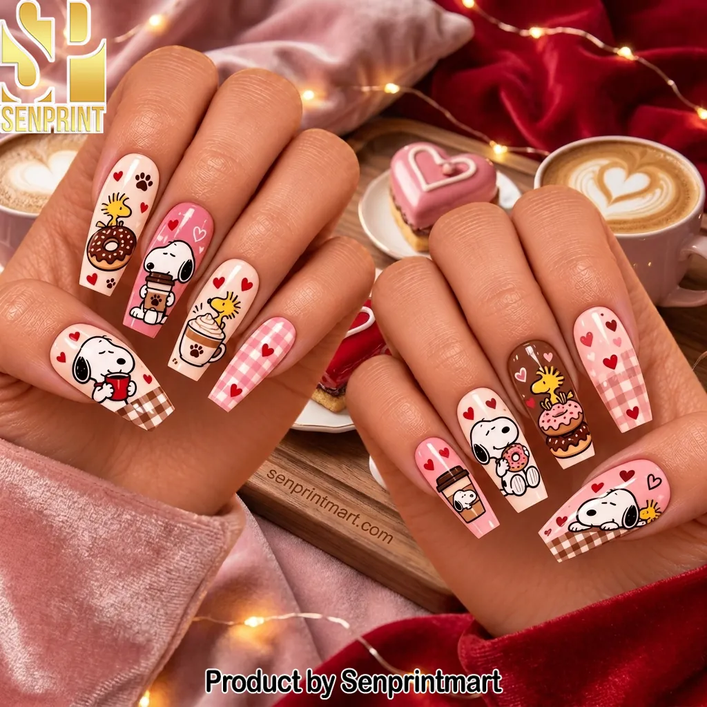 Snoopy And Woodstock Coffee Theme Valentine Nail Art Press On Nails