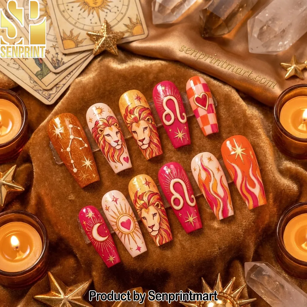 Leo Zodiac Astrology Theme Hand Painted Press On Nails