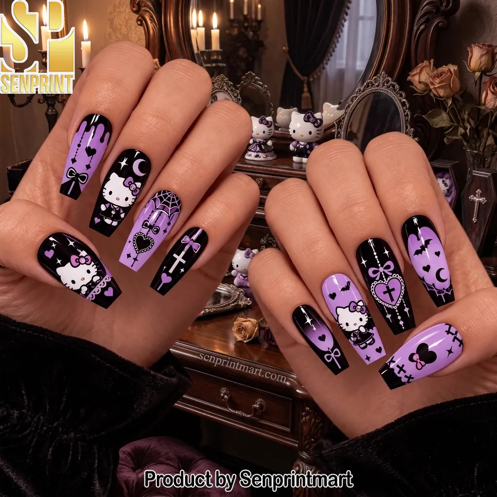 Hello Kitty Gothic Purple Coffin Press On Nails