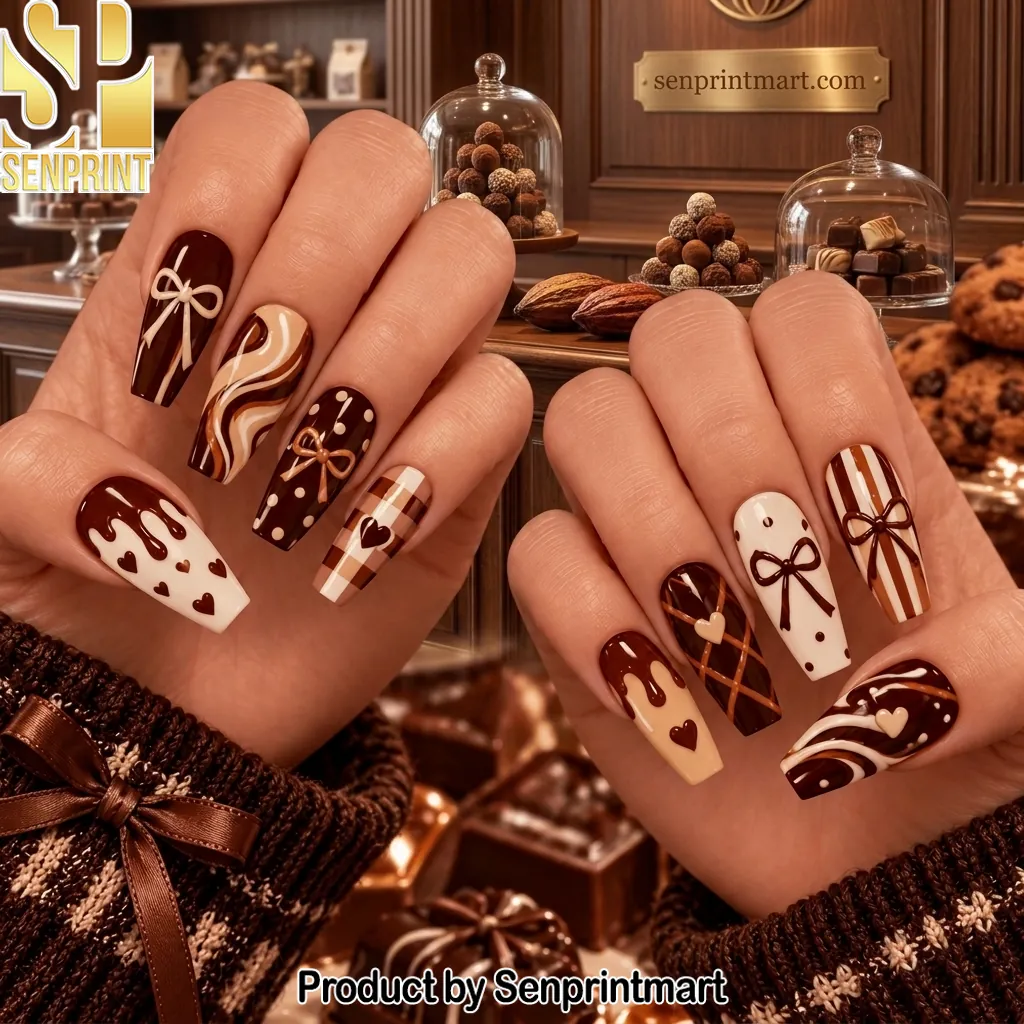 Luxury Chocolate Brown Bow and Heart Pattern Press On Nails