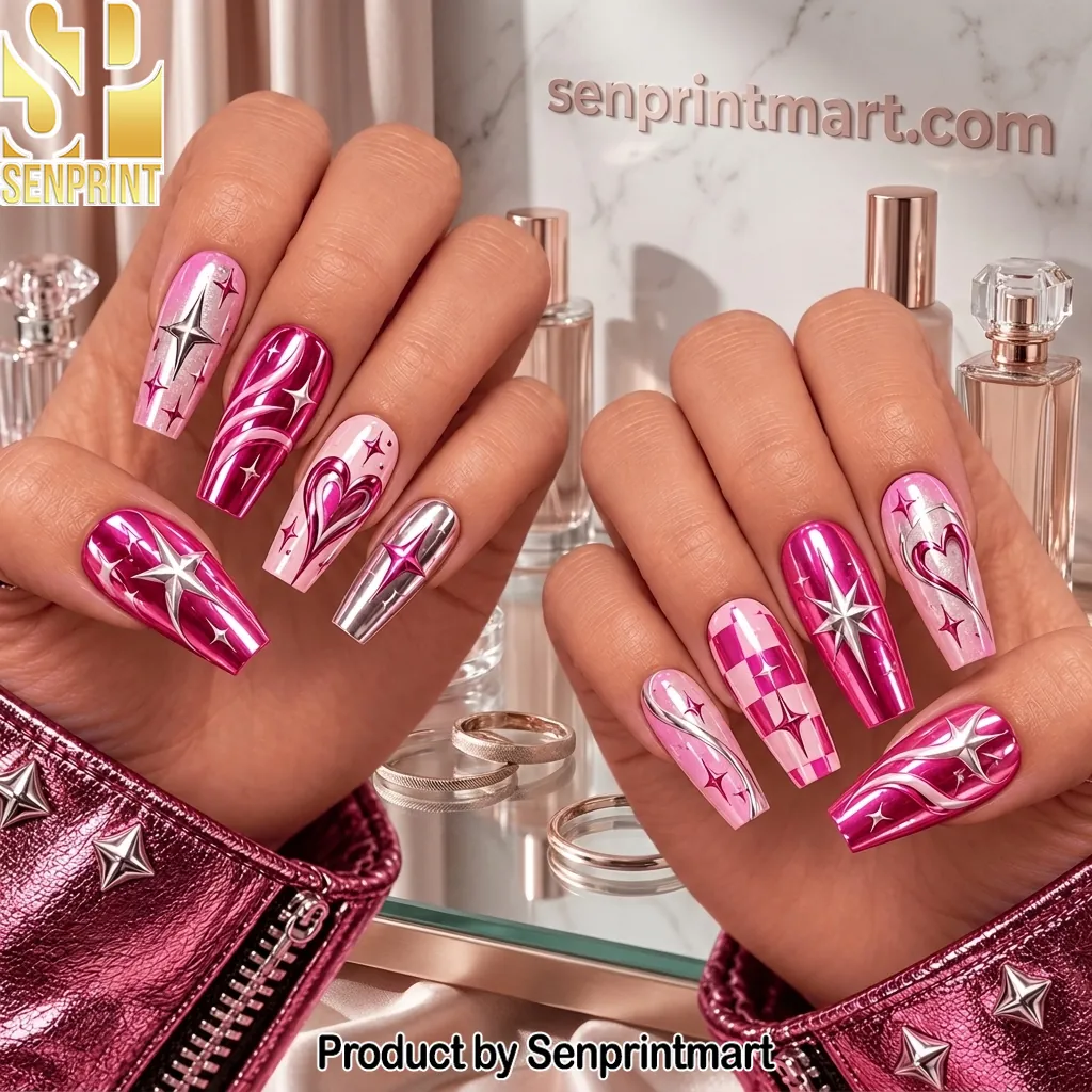 Pink Chrome Heart and Star Design Press On Nails