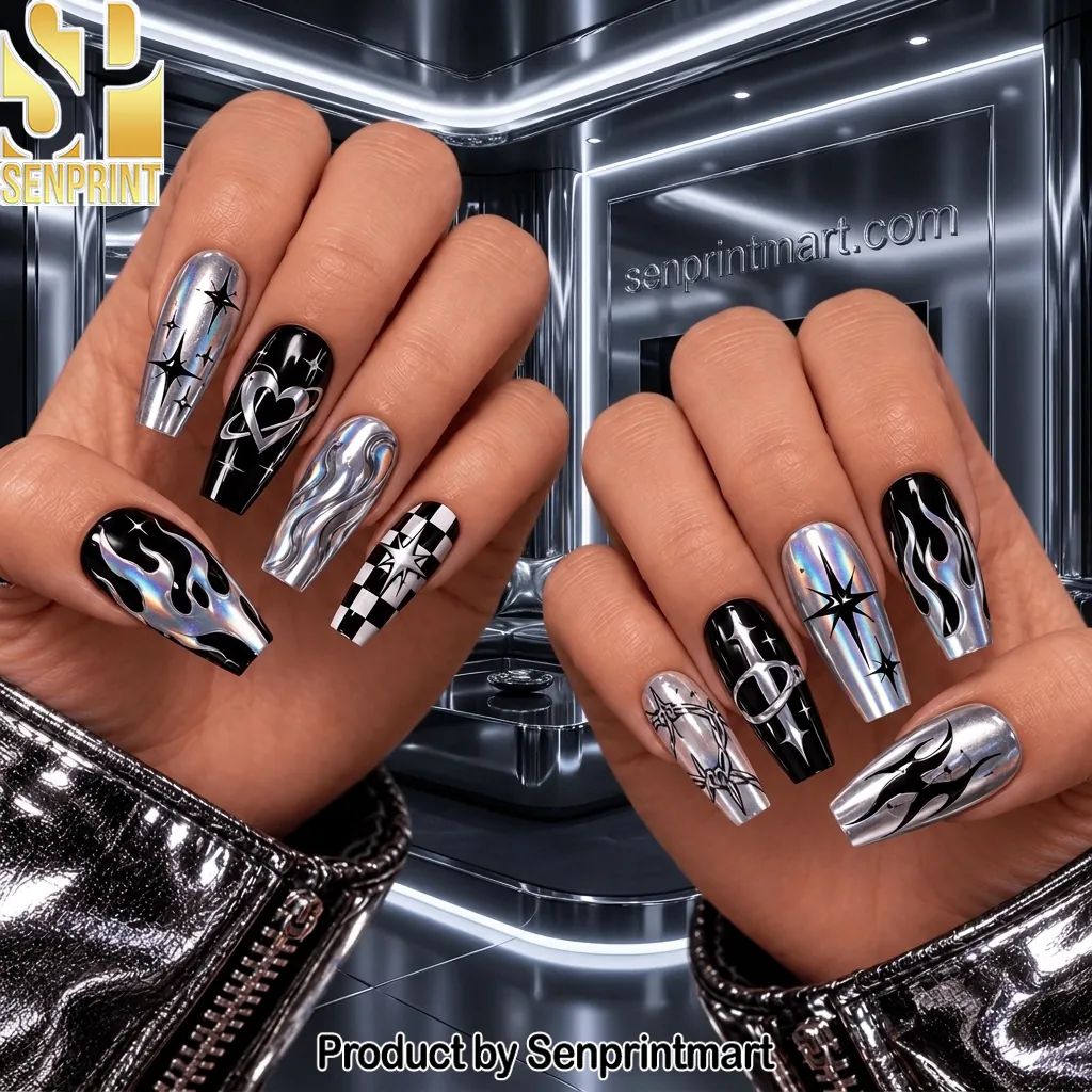 Y2K Gothic Chrome Heart Flame Press On Nails