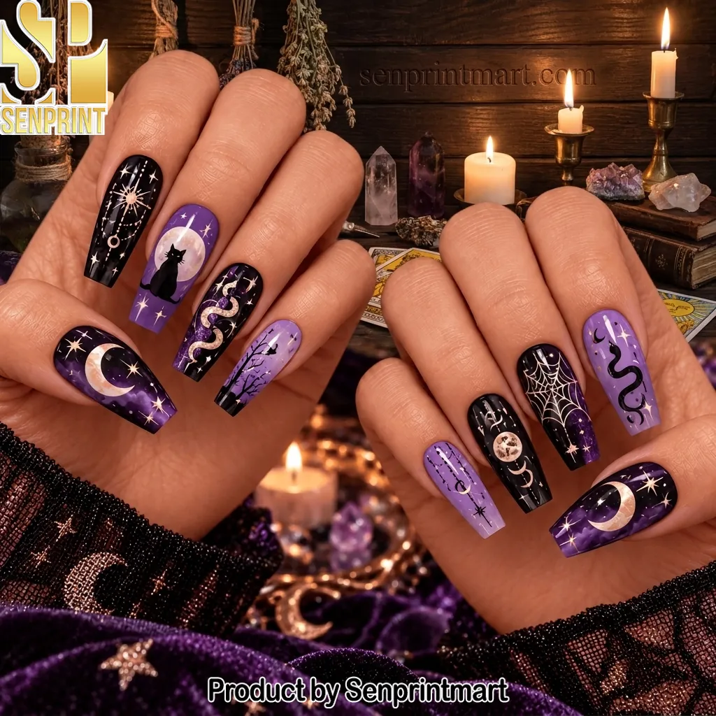 Celestial Witchy Moon and Cat Gothic Press On Nails