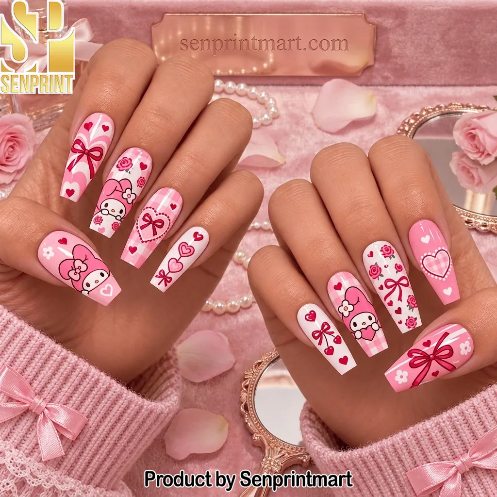 My Melody Pink Hearts and Bows Aesthetic Press On Nails