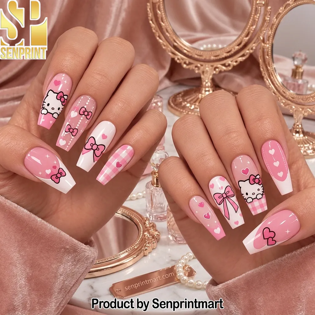 Hello Kitty Pink Bow Aesthetic Long Coffin Press On Nails