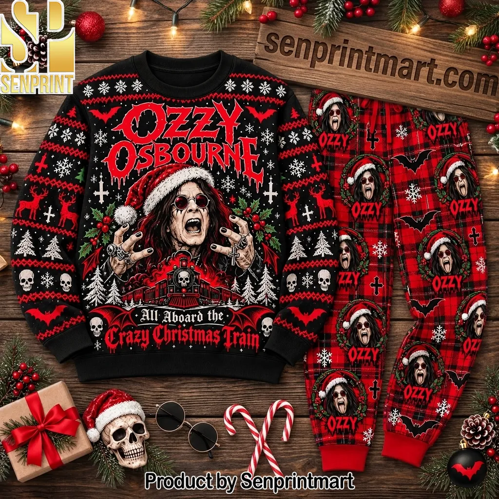 Ozzy Osbourne Crazy Christmas Train Ugly Holiday Pajama Set