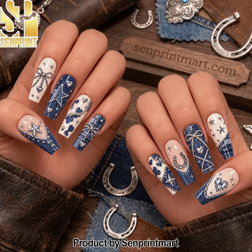 Western Denim Style Star and Horseshoe Press On Nails