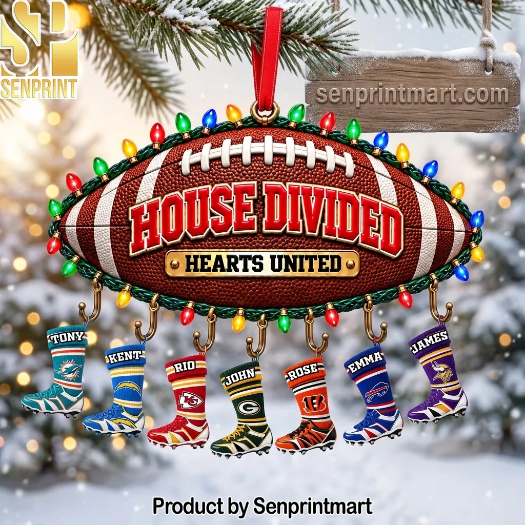 House Divided Hearts United Personalized Football Christmas Ornament