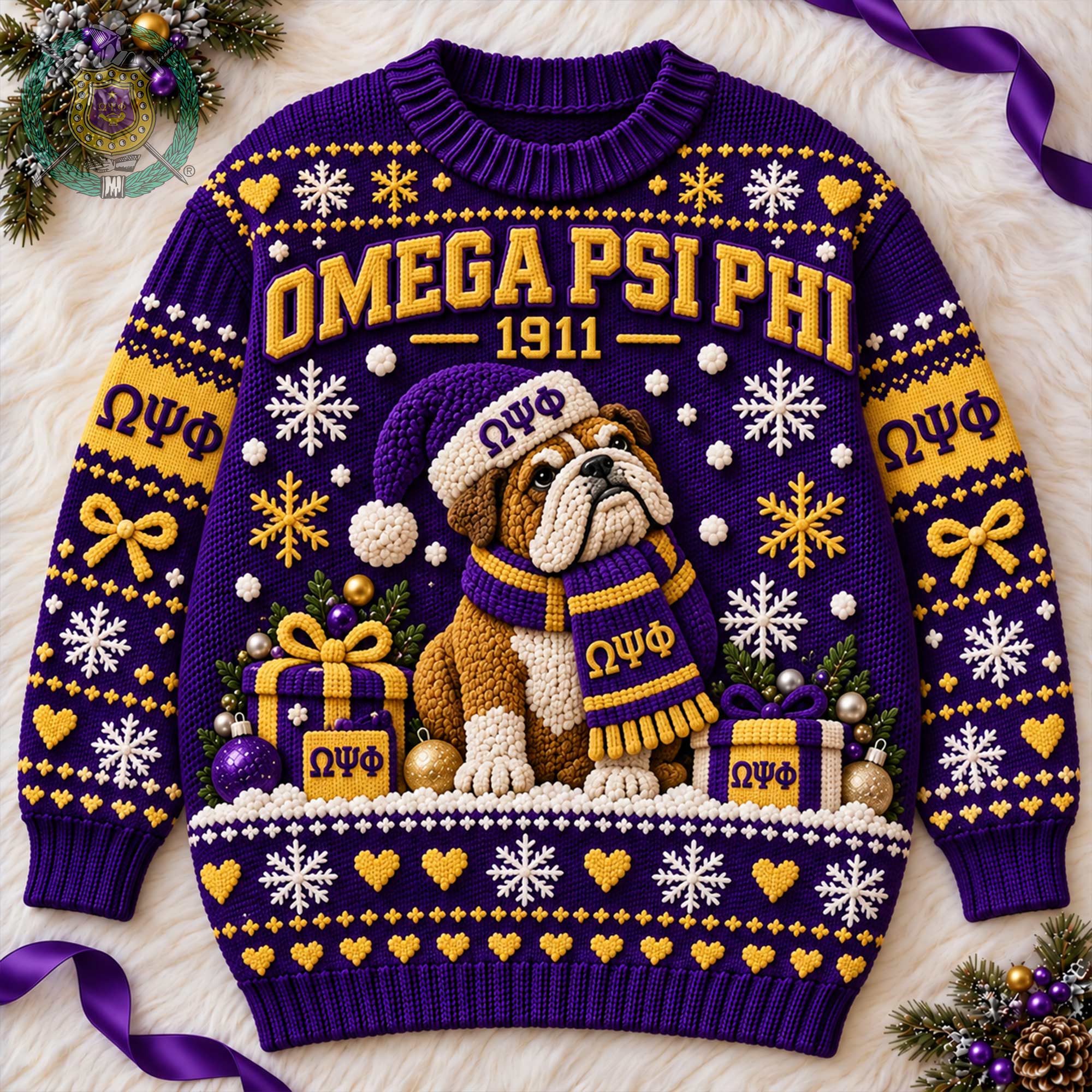 Omega Psi Phi 1911 Fraternity Bulldog Mascot Purple Gold Festive Ugly Christmas Sweater