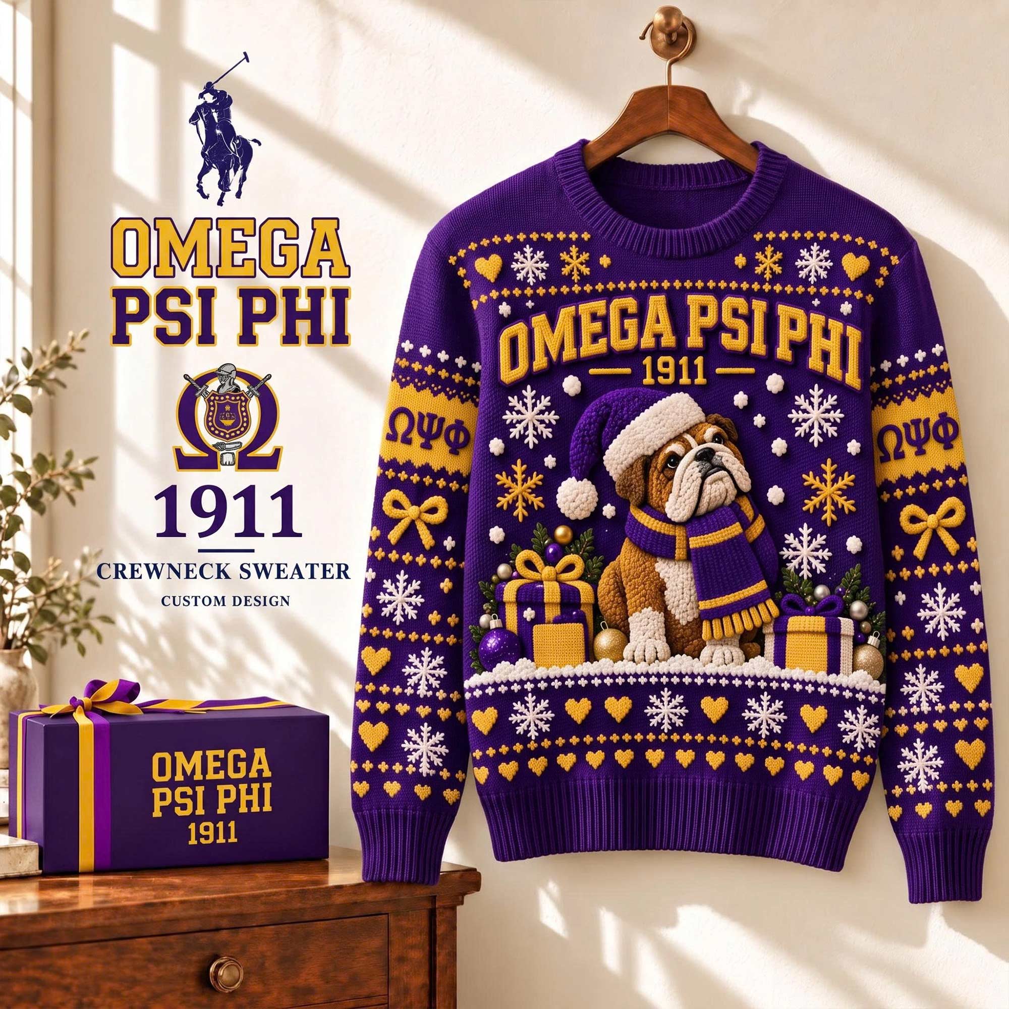 Omega Psi Phi 1911 Fraternity Bulldog Mascot Purple Gold Festive Ugly Christmas Sweater Omega Psi Phi 1911 Fraternity Bulldog Mascot Purple Gold Festive Ugly Christmas Sweater