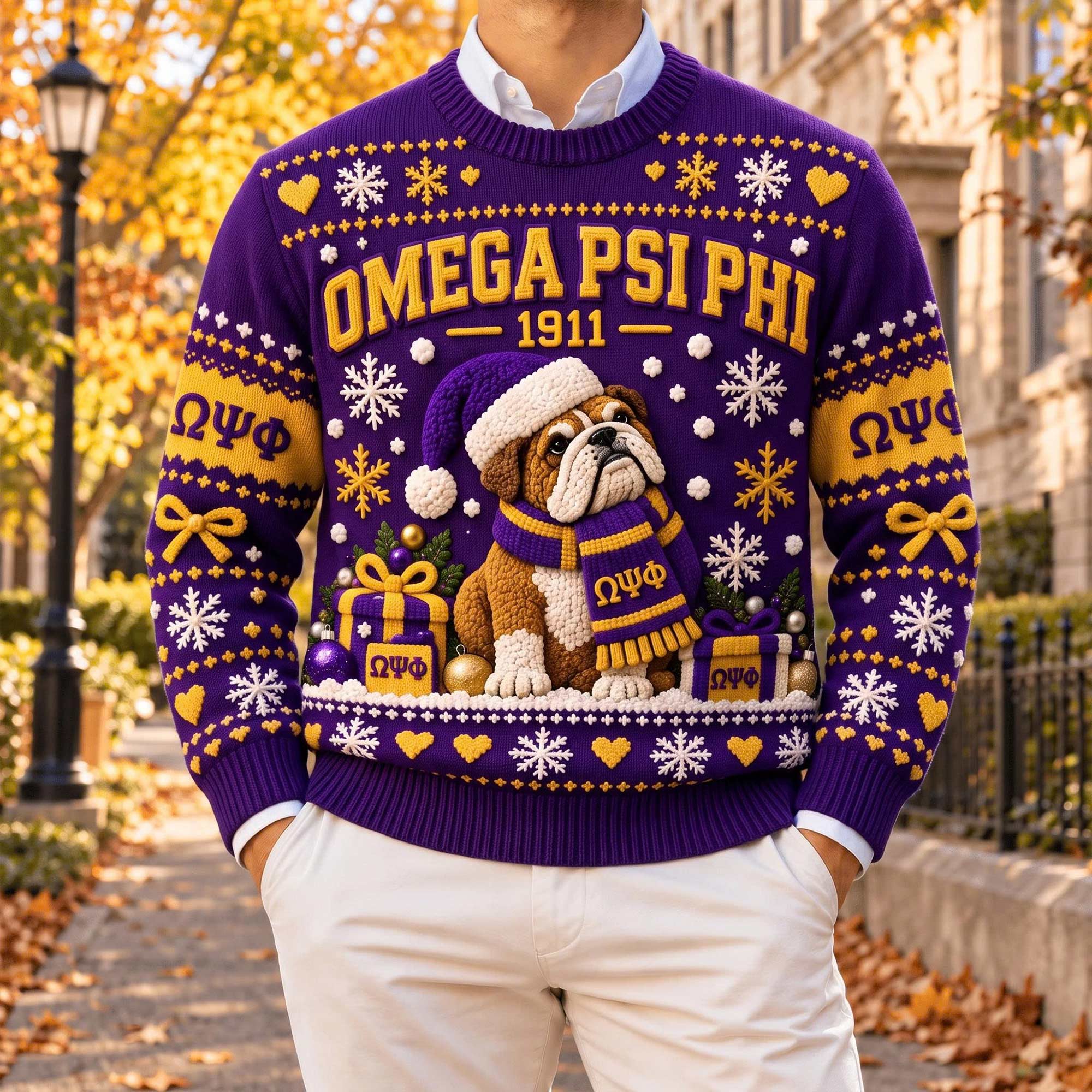Omega Psi Phi 1911 Fraternity Bulldog Mascot Purple Gold Festive Ugly Christmas Sweater Omega Psi Phi 1911 Fraternity Bulldog Mascot Purple Gold Festive Ugly Christmas Sweater