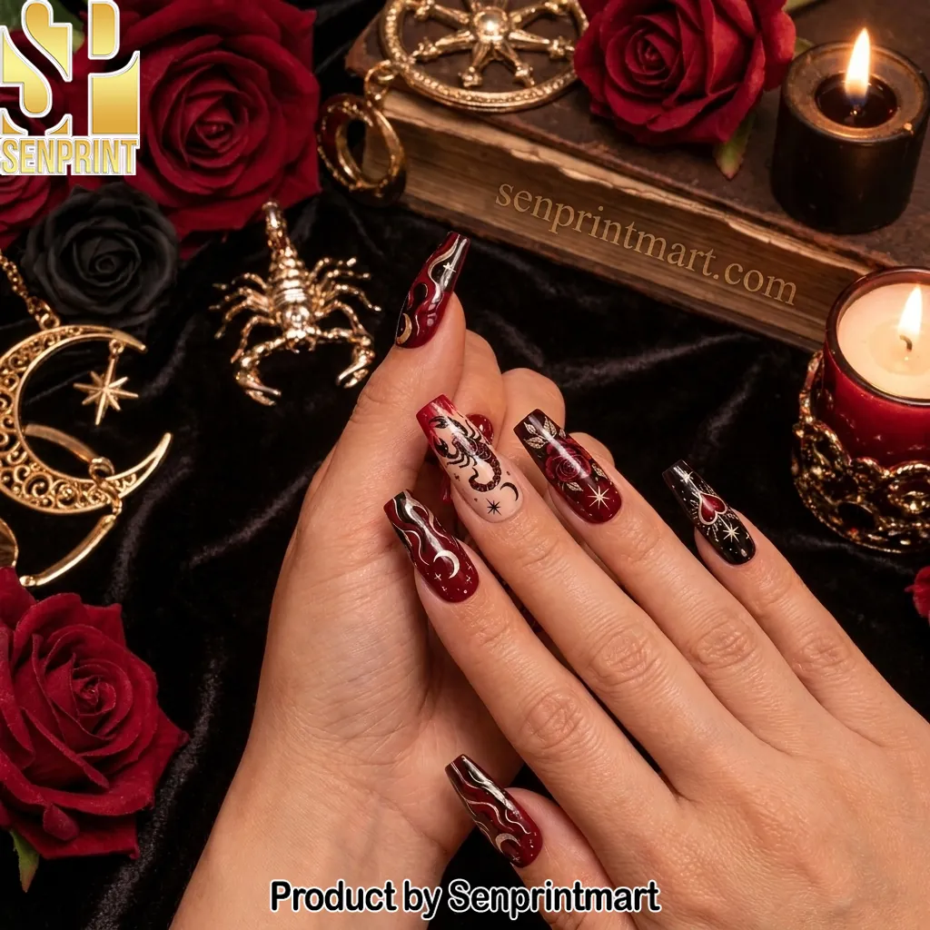 Gothic Scorpion And Rose Celestial Design Press On Nails