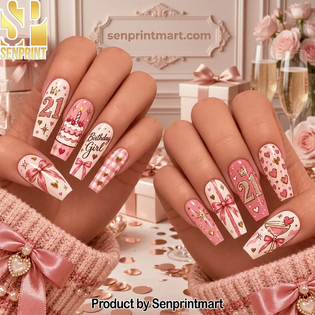 21st Birthday Pink Theme Personalized Press On Nails