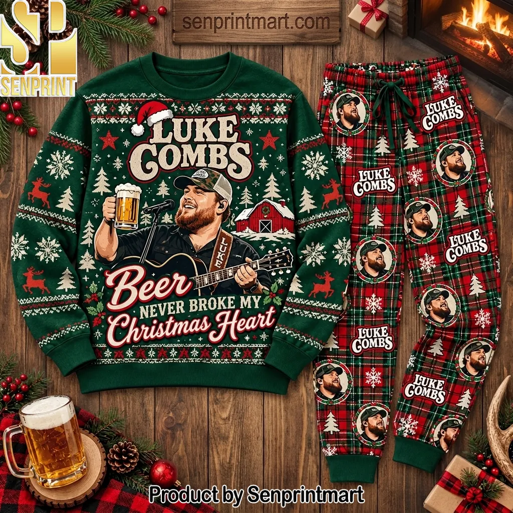 Luke Combs Beer Never Broke My Christmas Heart Pajama Set