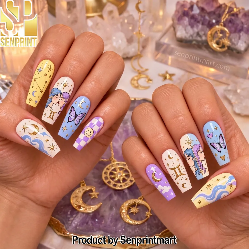 Gemini Zodiac Celestial Design Long Coffin Press On Nails
