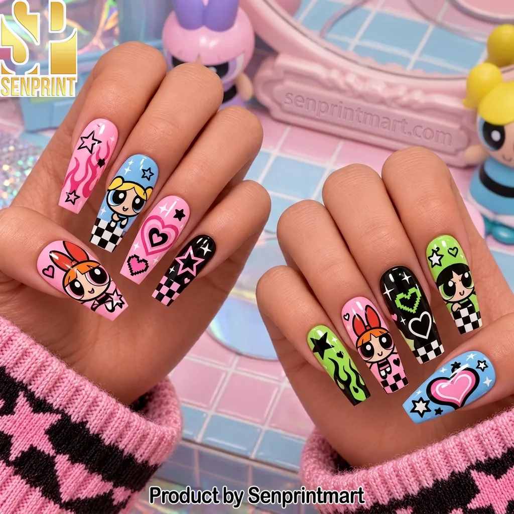 Powerpuff Girls Y2K Aesthetic Long Coffin Press On Nails