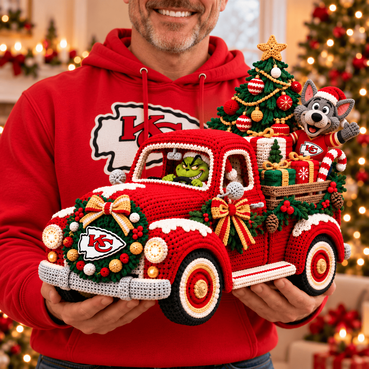 Kansas City Chiefs Cozy Crochet Style Red Vintage Christmas Pickup Holiday Truck Decor Kansas City Chiefs Cozy Crochet Style Red Vintage Christmas Pickup Holiday Truck Decor