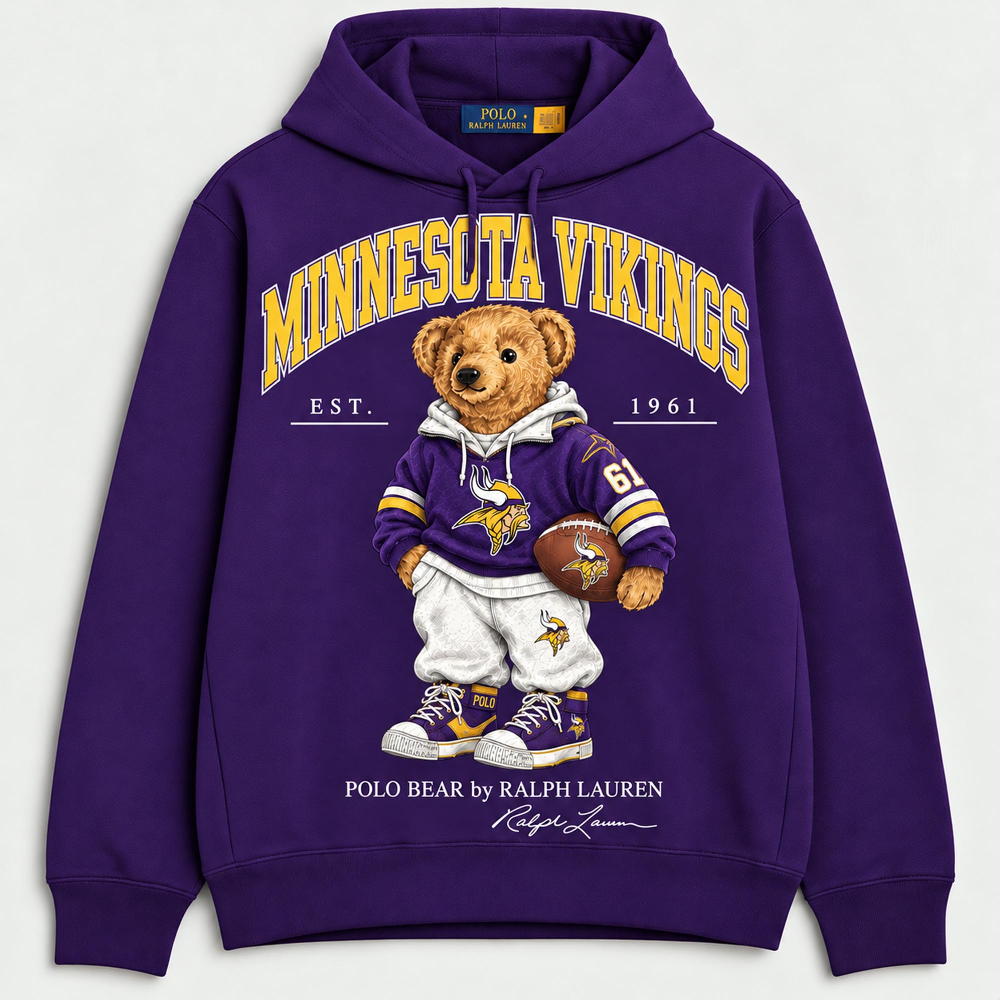 Minnesota Vikings Est 1961 Football Bear Graphic Purple Pullover Hoodie