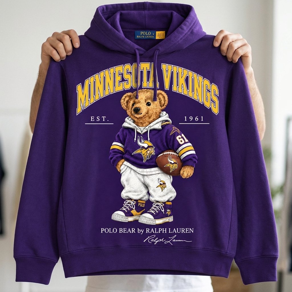 Minnesota Vikings Est 1961 Football Bear Graphic Purple Pullover Hoodie Minnesota Vikings Est 1961 Football Bear Graphic Purple Pullover Hoodie