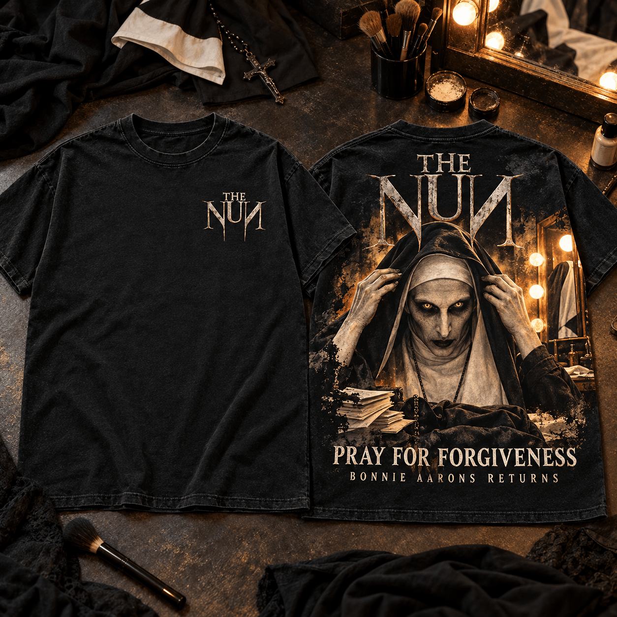 The Nun Valak Pray For Forgiveness Vintage Washed Horror Movie Graphic T-Shirt